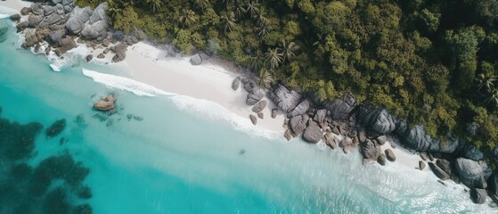 Poster - A beautiful picture of a rocky beach with a cliff from above.Aerial view. Panoramic shot. Generative AI