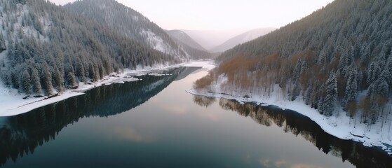 Wall Mural - View from the height of the forest and the river in the middle of the forest.Aerial view. Panoramic shot. Generative AI