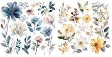 Set Of Watercolor Flowers Leaves And Twigs On A White Background
