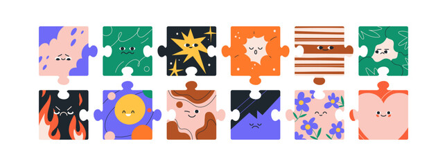 Poster - Cute puzzle characters set. Abstract funny faces on creative jigsaw design pieces. Kids game with emotions, expressions, mood, feelings. Colored flat vector illustrations isolated on white background