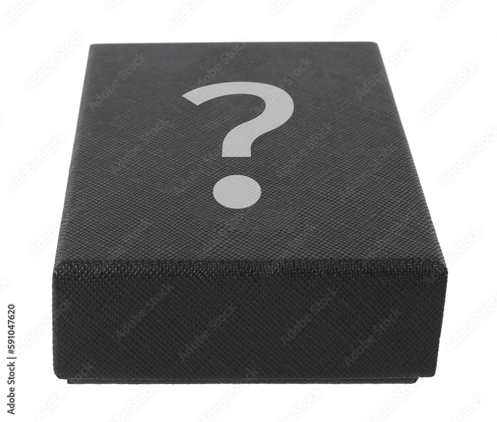 Mysterious cardboard black box closed with question mark secret ...