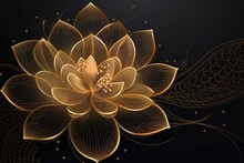 Abstract Golden Lotus Background On Black Background.Beautiful, Minimalistic Print For Your Decor For Postcard, Congratulations And Poster. Generative AI