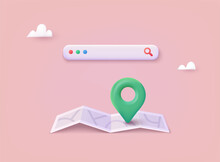 Location Folded Paper Map, Search Bar And Pin Isolated. GPS And Navigation Symbol. Element For Map, Social Media, Mobile Apps. 3D Web Vector Illustrations.
