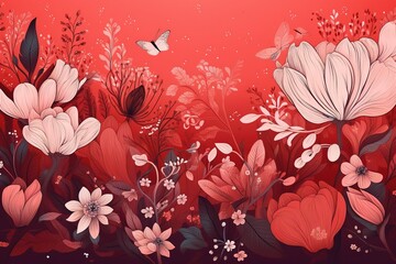 Canvas Print - Abstract background of red spring flowers.Beautiful, minimalistic print for your decor for postcard, congratulations and poster. Generative AI