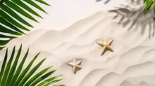 Clean White Beach Sand With Starfish And Palm Leaves, View From Above. Copy Space. Based On Generative AI
