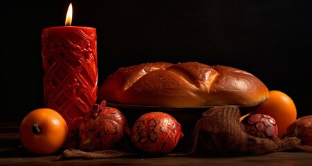 A round of bread and red eggs next to a candle on plain background. Orthodox Easter style. Generative AI