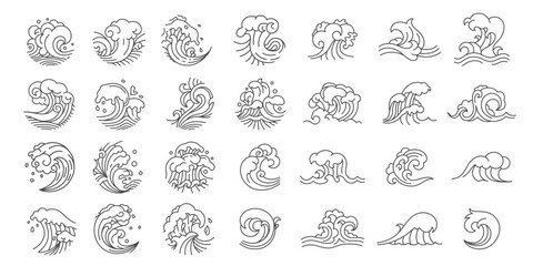 Canvas Print - Oriental waves icons. Chinese indian japanese arabic and latin american traditional ornamental waves, decorative outline asian ripple pattern. Vector set