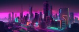 Fototapeta  - Cyberpunk neon city street at night. Futuristic city scene in a style of classic cyberpunk. 80's wallpaper. Retro future Generative AI illustration. Urban scene.