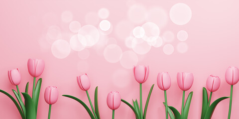 3d Rendering. Design for Mother's Day and Valentine Day illustration. pink tulip flower and bokeh on pink background. With Copy space.