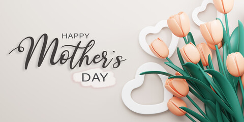 3d Rendering. Happy mother's day illustration. orange tulip flower and heart shape on gray background.