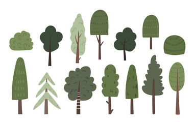 different types of trees and bushes isolated vector clip arts bundle in scandi style, cute flat plan