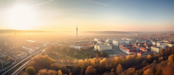 Wall Mural - Top view of the city at sunset.Aerial view. Panoramic shot. Generative AI