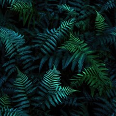  Illustration, nahtlose, grüne und dunkelblaue Farn Tapeten Textur, Dschungelhintergrund, Generative AI
