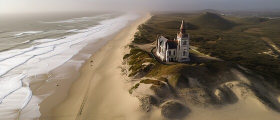 Poster - View from the height of the castle on the seashore.Aerial view. Panoramic shot. Generative AI