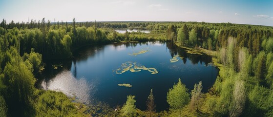 Canvas Print - view from the height of the lake in the middle of the forest.Aerial view. Panoramic shot. Generative AI