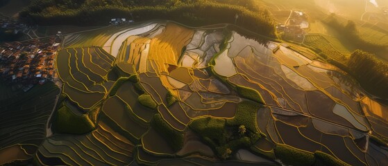 Poster - Fresh green and yellow rice fields.Aerial view. Panoramic shot. Generative AI