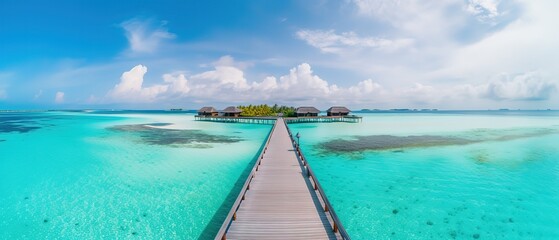 Poster - Tropical landscape with a long pier, villas on the water with lagoons.Aerial view. Panoramic shot. Generative AI
