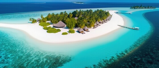 Poster - View of the island in the middle of the sea with clear blue water and green palm trees.Aerial view. Panoramic shot. Generative AI