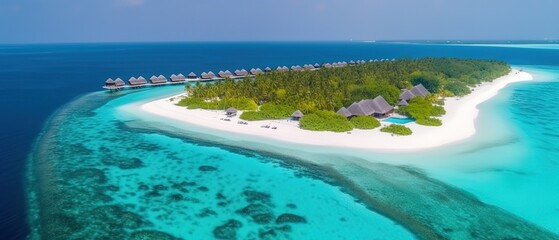 Poster - View of the island in the middle of the sea with clear blue water and green palm trees.Aerial view. Panoramic shot. Generative AI