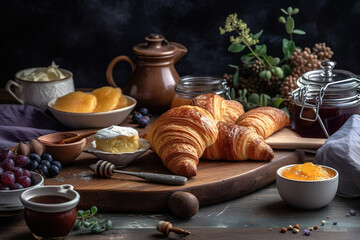 French-inspired breakfast of buttery, flaky croissants, served with a selection of fruit preserves, soft cheese, and a pot of freshly brewed coffee. Generative Ai