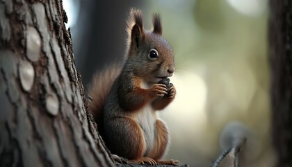 Wild and natural composition with a squirrel munching on a nut in the tree Generative AI