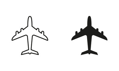 Wall Mural - Airplane Line and Silhouette Black Icon Set. Aviation Jet, Air Plane Pictogram. Travel Tourism by Aircraft Outline and Solid Symbol Collection on White Background. Isolated Vector Illustration