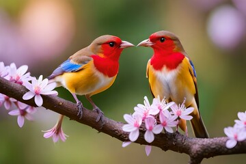 Moment of tenderness between a pair of birds,Two birds in love on a flowering branch (robins), Generative AI