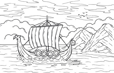 Viking boat at sea. Nordic Drakkar