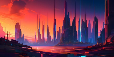 A futuristic cityscape with sleek and modern architecture, lit up by neon lights and a colorful sunset sky. Dystopian illustration. Generative Ai.