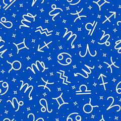 Wall Mural - Zodiac signs seamless pattern, astrological symbols repeating print on blue background for fabric, packaging, wrapping paper, web page design. Astrology, esoteric, horoscope signs vector illustration