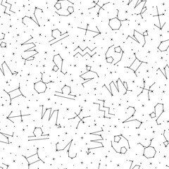 Wall Mural - Zodiac signs seamless pattern, stars and constellations repeating print on white background for fabric, packaging, wrapping paper design. Astrology, horoscope symbols vector illustration