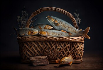 Five loaves and two fish in a basket. Generative AI