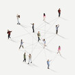 © master1305 - Aerial view of crowd of young diverse people, students, employees connected with lines against white background. Online communication. Human cooperation, online technologies, modern lifestyle concept