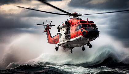 Wall Mural - lifeguard descend from helicopter on ship at blue sea