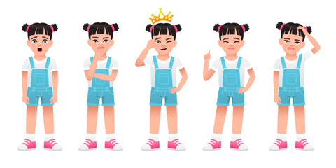 Wall Mural - A little beautiful girl stands in sadness, wonders, thinks about something, points to something, with a crown on her head. Cute white baby stands in different poses. Girl