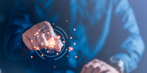 Businessman touch AI engine for analysis data and development new concept business or  modern technology, internet and networking . AI technology in everyday life.
