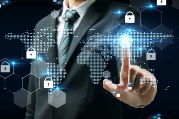 Wall Mural - Cyber Security. business man hand touching virtual screen fingerprint with virtual graphic icon diagram, data management system, internet network security, digital and business technology concept