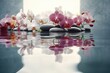 Background with beautiful orchids on the surface of the water. Copy space, product background