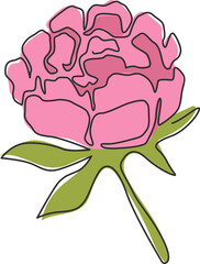 Wall Mural - One continuous line drawing of beauty fresh perennial plant wall decor home art poster print. Printable decorative peony flower for green park icon. Modern single line draw design vector illustration