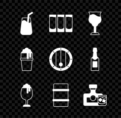 Sticker - Set Cocktail, Shot glass, Wine, Glass of beer, Metal keg, Whiskey bottle and, and Wooden barrel icon. Vector