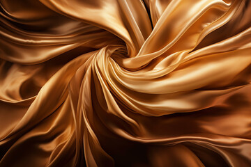 A swirl of silk, satin material in  gold for a luxurious background. Generative AI.