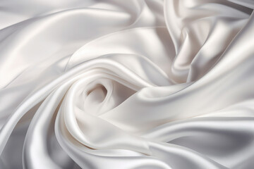 A swirl of silk, satin material in white for a luxurious background. Generative AI.
