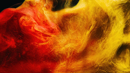 Wall Mural - Color smoke. Ink water. Paint drop. Hot blend. Red yellow contrast fluid splash mix burning vapor cloud on black abstract art background.