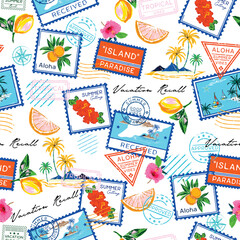 Trendy Summer Vacation Seamless pattern. Travel in Summer Vibes , Stamp , Bird ,Hibiscus flower