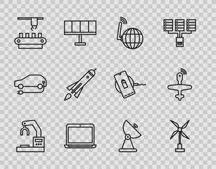 Wall Mural - Set line Robotic robot arm hand factory, Wind turbine, Social network, Laptop, Factory conveyor system belt, Rocket ship with fire, Radar and UAV Drone icon. Vector