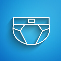 Poster - White line Men underpants icon isolated on blue background. Man underwear. Long shadow. Vector