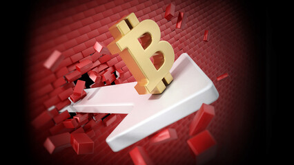 Wall Mural - Bitcoin symbol on the arrow destroying the wall. 3D illustration