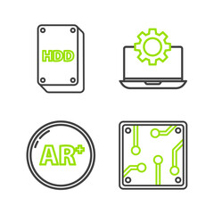 Sticker - Set line Processor, Ar, augmented reality, Laptop and gear and Hard disk drive HDD icon. Vector