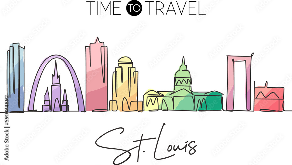 One continuous line drawing of St. Louis city skyline, USA. Beautiful landmark. World landscape tourism travel vacation wall decor art poster print. Stylish single line draw design vector illustration