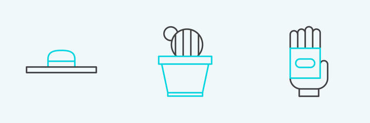 Sticker - Set line Garden gloves, Worker hat and Cactus and succulent in pot icon. Vector